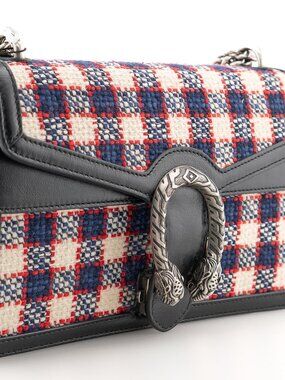 Gucci Tweed Check Small Dionysus Shoulder Bag White Hibiscus Red Marine
